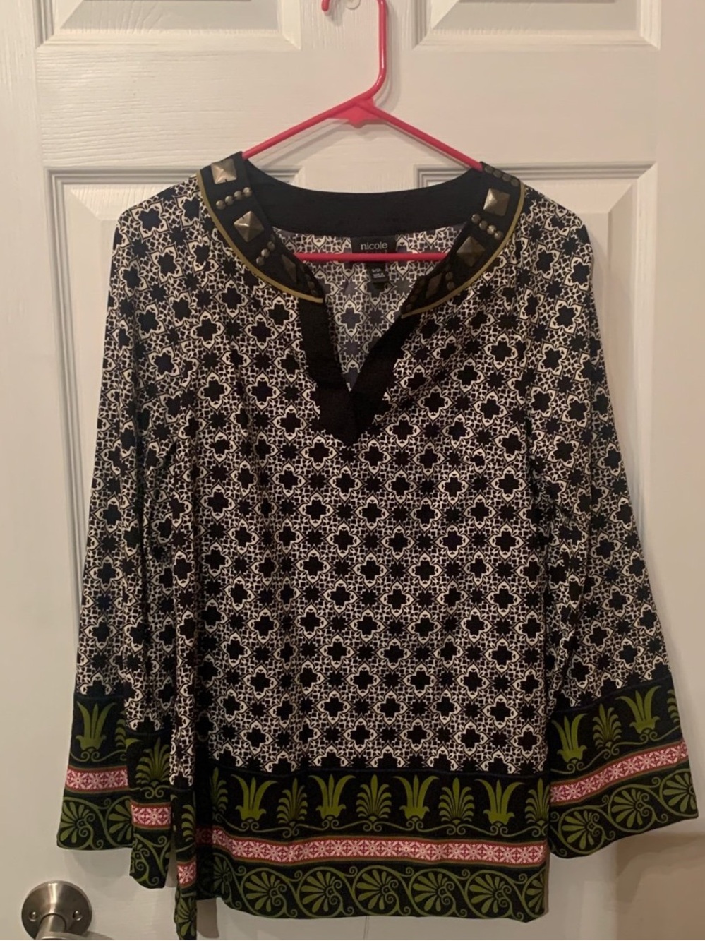 Nicole Miller Black Printed Tunic with Green and Pink Border and Studded Neck